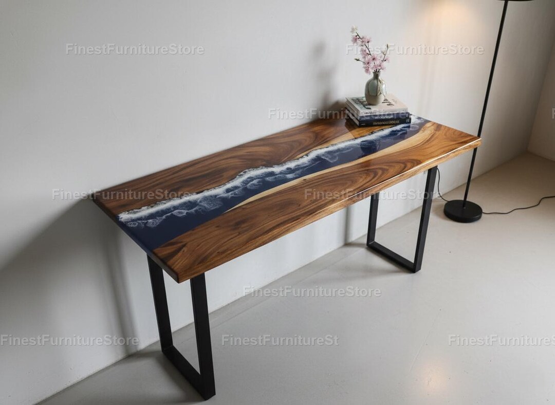 Live Edge Walnut Console Table With Blue Epoxy River – Modern Entryway ...