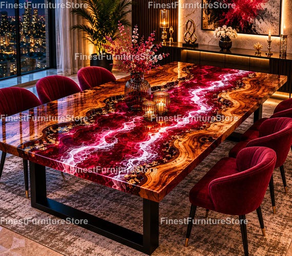 Tiefrosa Epoxy River Esstisch - Live Edge Holz Statement Möbel
