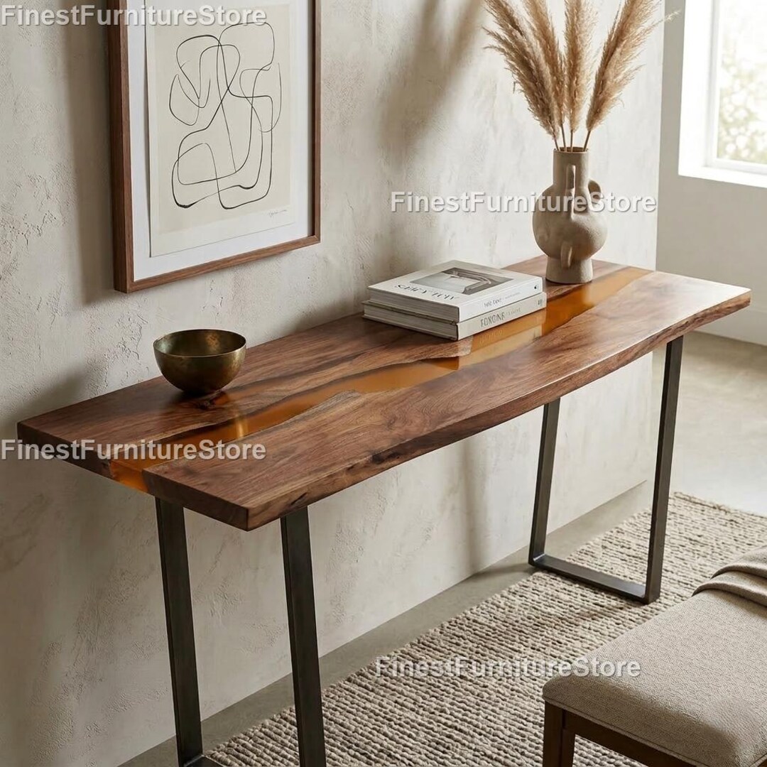 Live Edge Wood Console Table With Amber Epoxy River |handcrafted Live ...