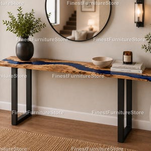 Luxury Blue Epoxy River Console Table | Live Edge Wood & Ocean Blue Epoxy Console Table Blue Resin River Table |Luxury River Console Table