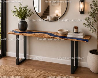 Luxury Blue Epoxy River Console Table | Live Edge Wood & Ocean Blue Epoxy Console Table Blue Resin River Table |Luxury River Console Table