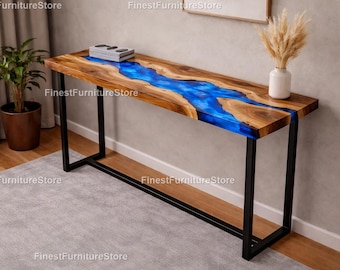 Blue Epoxy River Konsolentisch, Live Edge Holz Eingangstisch, handgefertigte Harzkonsole Live Edge Wood & Blue Epoxy River Konsolentisch
