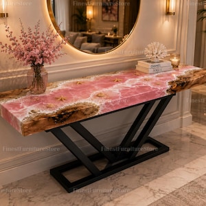 Pink Resin Ocean Console Table, Live Edge Wood Entryway Table, Starfish Seashell Decor, Coastal Beach Furniture, Custom Luxury Table