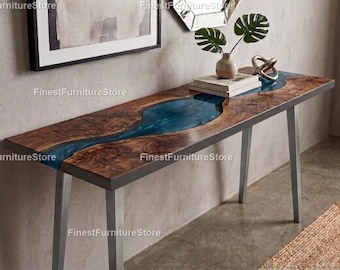 Blue Epoxy River Console Table, Live Edge Wood Entryway Table, Handmade Resin Console Live Edge Wood & Blue Epoxy River Console Table