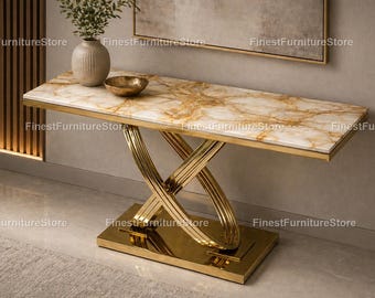 Honey Onyx Marble Console Table, Gold Metal Base Console, Luxury Entryway Sofa Table, Modern Stone Furniture Modern Onyx Console Table