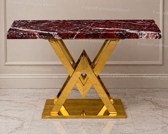 Consolle di lusso in marmo rosso – Tavolino da ingresso con base geometrica dorata – Mobile moderno di grande impatto visivo - Consolle in marmo Rosso Levanto