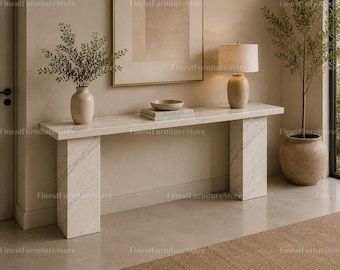 Natural Calacatta Marble Console Table, White Stone Waterfall Plinth Hallway Table