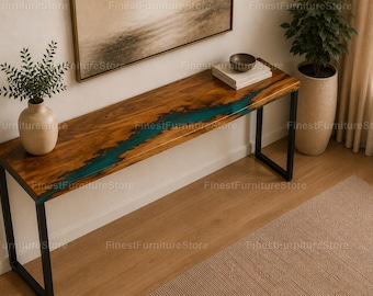 Luxury Walnut Epoxy River Console Table Handmade Live Edge Console Table Modern Epoxy Resin Console Table Custom Walnut Resin Console Table