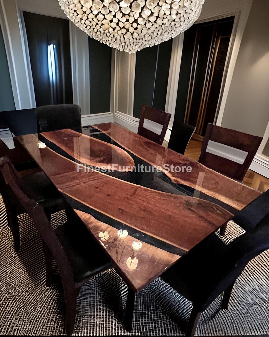 High Resolution Table High-end Black Resin & Walnut Wood Dining Table – Custom Handmade River ...