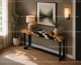 Luxury Black & White Epoxy River Console Table Handmade Epoxy Resin Console Table Live Edge Walnut Table Live Edge Resin Console Table