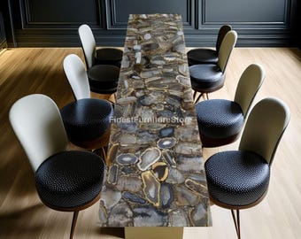 Mesa de comedor de ágata marrón hecha a mano: Losa moderna de piedra semipreciosa