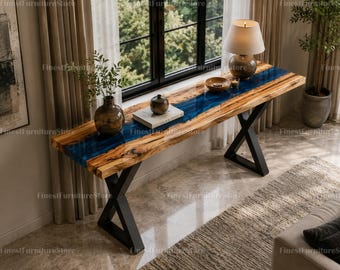 Handmade Olive Wood Epoxy River Console Table, Live Edge Entryway Sofa Furniture