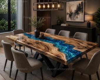Ocean Blue Epoxy River Dining Table, Live Edge Walnut Wood Table Blue Epoxy River Table, Blue Epoxy Resin , Modern Epoxy River Dining Table