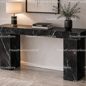 Luxury Black Marble Console Table,Black Marble Console Table with Solid Stone Handmade Black Spider Marble Modern Black Marble Console Table