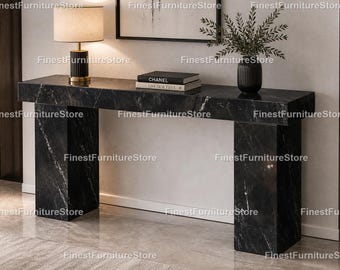Mesa consola de mármol negro de lujo, mesa consola de mármol negro con piedra maciza hecha a mano, mármol araña negro, mesa consola moderna de mármol negro