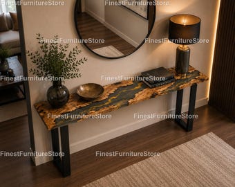Luxury Black Epoxy River Console Table Handmade Epoxy River Console Table Live Edge Burl Wood Console Table Black Resin River Console Table