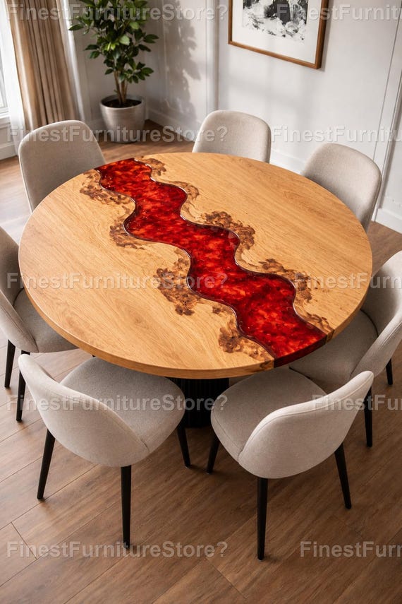 Handgefertigter Esstisch aus Red Epoxy River, Runde Live Edge Holz, Crimson Resin Top