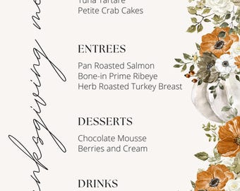 Elegant Thanksgiving Menu Printable | Autumn Dinner Decor (Digital Download)