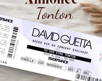May include: A concert ticket for David Guetta's exclusive VIP show, with the text "TU VAS ETRE TONTON" and "STADEFRANCE". The ticket includes details like sector, gate, and seat information. The show starts in May 2026.