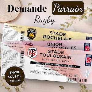 Op de afbeelding: Drie rechthoekige rugbywedstrijdtickets met teamlogo's en tekst. Het bovenste ticket is geel voor Stade Rochelais, het middelste is roze voor Union Bordeaux Bègles en het onderste is roze voor Stade Toulousain met de tekst Veux-tu être le parrain de Jules?