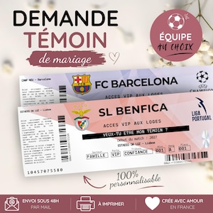 Puede incluir: Dos tarjetas rectangulares diseñadas como entradas de fútbol. Una muestra el logotipo y texto del FC Barcelona, la otra el logotipo del SL Benfica con el texto 'VEUX-TU ETRE MON TEMOIN ?'. Ambas incluyen códigos de barras e información de asiento.
