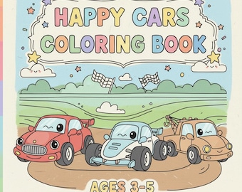 Può includere: Un libro da colorare per bambini intitolato "HAPPY CARS COLORING BOOK" con auto dei cartoni animati. La copertina presenta un'auto rossa, un'auto da corsa blu e un carro attrezzi arancione. Il testo "AGES 3-5" è in basso.