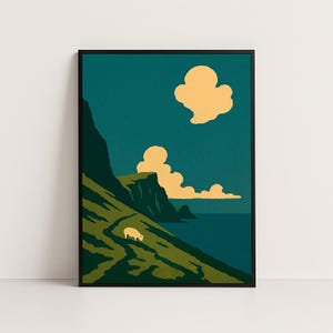 Puede incluir: Una impresión artística enmarcada que presenta una escena de paisaje. La obra de arte representa una ladera verde con un camino sinuoso, un animal blanco y una masa de agua bajo un cielo verde azulado con nubes amarillas. La impresión está en un marco negro.