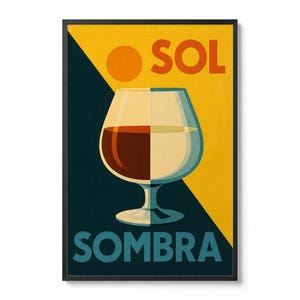 Gerahmtes Sol-y-Sombra-Poster | Vintage-Kunst spanischer Drinks | Küchen- & Barwanddeko | Retro-Brand y-Anís-Geschenk