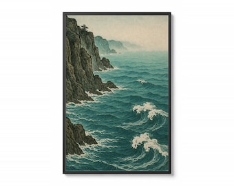 Japanese Ocean Wall Art Printable | Ukiyo-e Waves and Cliffs | Coastal Living Room Decor | Instant Digital Download