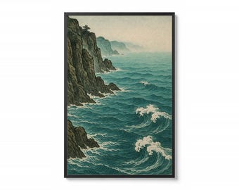 Plakat w ramce z motywem japońskiego wybrzeża | Sztuka ścienna z falami oceanu w stylu vintage | Minimalistyczny wystrój pokoju nad morzem | Zen Blue Coast Nature Print