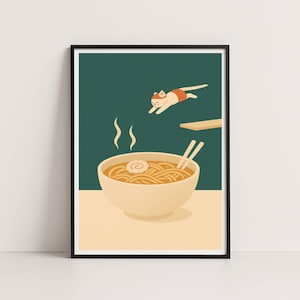 Puede incluir: Ilustración enmarcada de un cuenco de ramen con palillos, vapor ascendente y un gato con traje de baño saltando de un trampolín. La obra de arte tiene un estilo minimalista con una paleta de colores beige, verde y naranja.