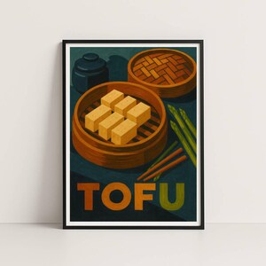 May include: A framed print depicting a still life of tofu. The image shows a wooden steamer basket with tofu cubes, a bamboo steamer, asparagus, chopsticks, and a dark blue jar. The word "TOFU" is printed in orange and green.