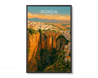 Stampa senza cornice di Ronda Malaga | Arte murale di viaggio in Andalusia | Decorazione urbana con New Bridge | Poster vintage della Spagna
