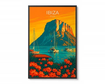 Ibiza Es Vedrà Poster, Unframed | Vintage Mediterranean Sunset | Coastal Wall Decor | Spain Travel Gift