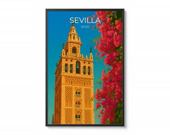 Seville Spain Printable Wall Art | La Giralda Cathedral Poster | Living Room Decor | Retro Andalusia Travel Print