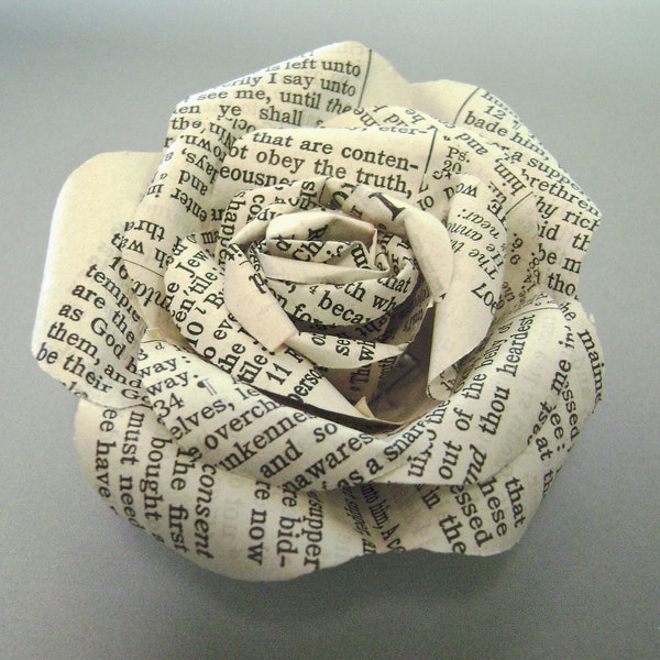 Bible paper flower rose pin made with vintage bible pages; brooch, corsage, boutonniere, buttonhole, lapel pin; wedding, formal