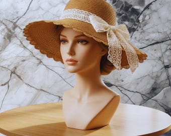 Vintage Straw Hat With Cream Colored Ribbon - Union Made  display picture 1