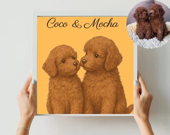 Könnte beinhalten: Gerahmter Druck mit zwei braunen Welpen mit flauschigem Fell vor gelbem Hintergrund. Der Text "Coco & Mocha" steht über den Welpen. Ein kleineres inset Bild zeigt zwei ähnliche Welpen.