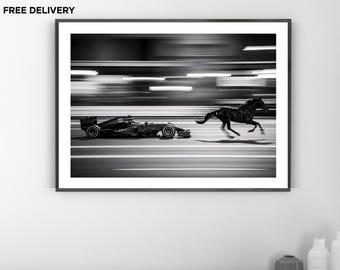 Vintage Formula 1 Car Print, Ferrari F1 Horse Race, Fine Art Photography Wall Art, Museum Quality Print Classic Black and White Poster