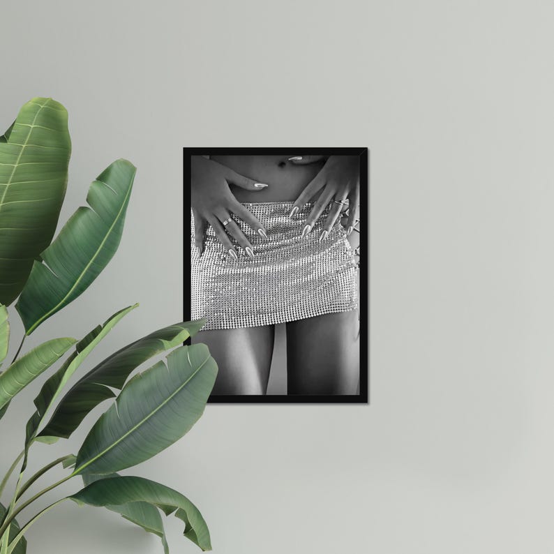 May include: Black and white framed photograph of a person wearing a silver rhinestone mini skirt. The person's hands are resting on the skirt, and they are wearing rings. The photograph is displayed on a white wall with a green plant in the corner.