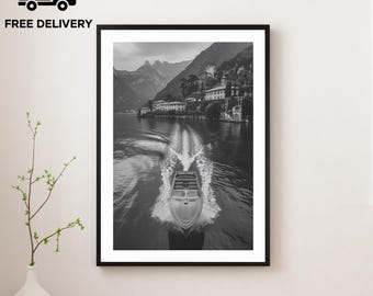 Vintage Lake Como Yacht Boat Italy Print, Luxury Fashion, Fine Art Photography Wall Art, Museum Quality, Classic Black and White Poster