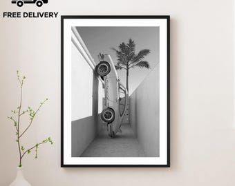 Vintage Classic Car Print, Porsche 911 Carrera Palms, Fine Art Photography Wall Art, Museum Quality Print, Classic Black and White Poster
