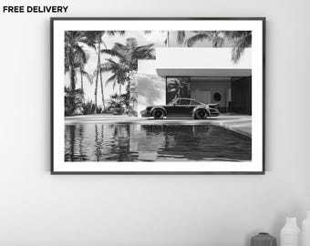 Vintage Classic Car Print, Porsche 911 Pool Palms, Fine Art Photography Wall Art, Museum Quality Print, Classic Black and White Poster