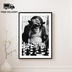 Può includere: Stampa incorniciata in bianco e nero con uno scimpanzé che gioca a scacchi, con la mano sulla fronte. La scacchiera è a fuoco, con pezzi bianchi e neri. Le parole "FREE DELIVERY" sono nell'angolo in alto a sinistra.