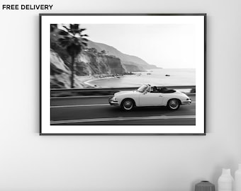 Vintage Classic Car Print, Porsche 911 Italy Coast, Fine Art Photography Wall Art, Museum Quality Print, Classic Black and White Poster