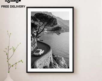 Vintage Classic Car Print, Porsche 911 Italy Coast, Fine Art Photography Wall Art, Museum Quality Print, Classic Black and White Poster