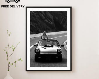 Vintage Classic Sports Car Girl Print, Luxury Woman, Fine Art Photography Wall Art, Museum Quality Print, Classic Black and White Poster