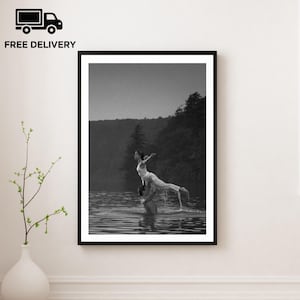 Peut inclure: Impression encadrée en noir et blanc d'un couple dansant dans un lac. La femme est soulevée en l'air par l'homme. L'arrière-plan présente une forêt et une chaîne de montagnes. Les mots "FREE DELIVERY" sont dans le coin supérieur gauche.