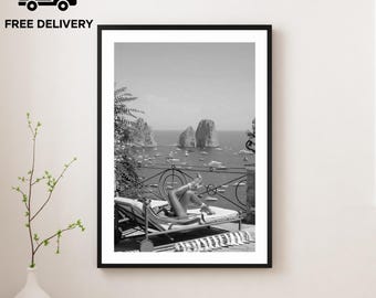 Vintage Woman Sunbathing Heels Capri Print, Luxury Fashion, Fine Art Photography Wall Art, Museum Quality, Classic Black and White Poster