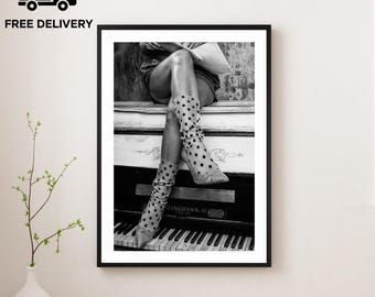 Vintage Girl's High Heels Piano Print, Luxury Fashion, Fine Art Photography Wall Art, Museum Quality Print, Classic Black and White Poster